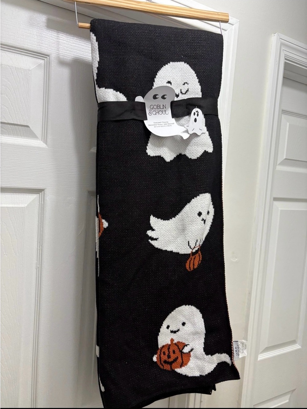 Goblin & Ghoul Black Halloween Ghost Knit Throw Blanket